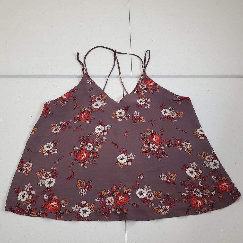 Wet Seal Strappy Top Blouse Floral Mauve Taupe V-Neck Women's Size L